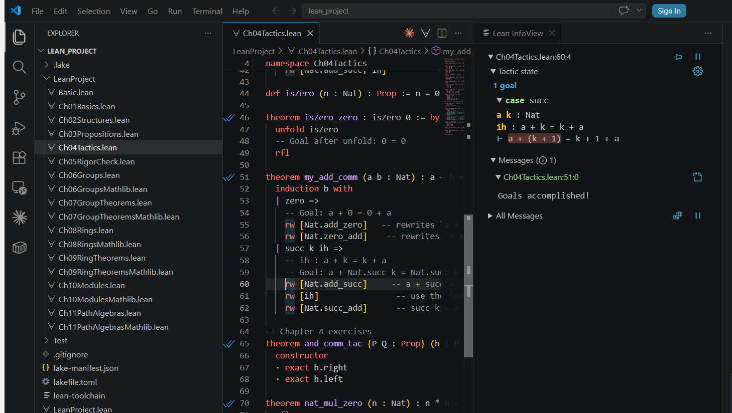The Lean Infoview panel in VS Code, showing the tactic state (hypotheses `a k : Nat`, `ih : a + k = k + a`, goal `a + (k + 1) = k + 1 + a`) for the `succ` case of `my_add_comm`'s induction.