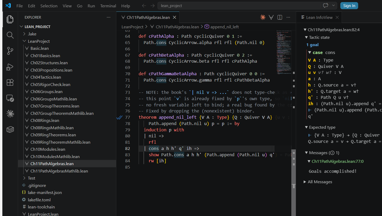 The Lean Infoview panel in VS Code, showing the tactic state for the `cons` case of `append_nil_left`'s induction: hypotheses `V A : Type`, `Q : Quiver V A`, `u v vt wt : V`, `a : A`, `h : Q.source a = v`, `h' : Q.target a = wt`, `q' : Path Q u vt`, `ih : (Path.nil u).append q' = q'`, and the goal `(Path.nil u).append (Path.cons a h h' q') = Path.cons a h h' q'`.